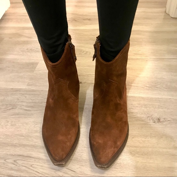 Frye Sacha Short Brown Suede Cowboy Ankle Bootie - Picture 4 of 14